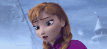 Anna from "Frozen" looking down in a snow-covered environment, appearing concerned or upset.