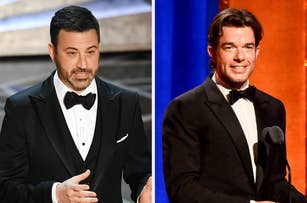 Jimmy Kimmel and John Mulaney, both in classic black tuxedos with bow ties, are seen at separate events, each standing in front of a microphone