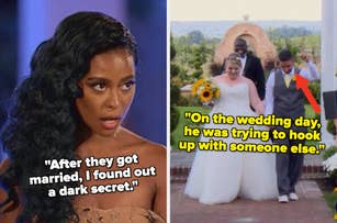 Left image shows a surprised Vanessa Simmons with text "After they got married, I found out a dark secret;" right image shows a wedding day scene with a couple; text states: "On the wedding day, he was trying to hook up with someone else"
