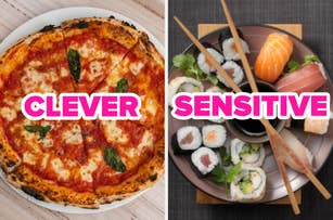 A pizza is labeled "Clever" on the left, and a plate of sushi is labeled "Sensitive" on the right. Text overlays are in bold pink font