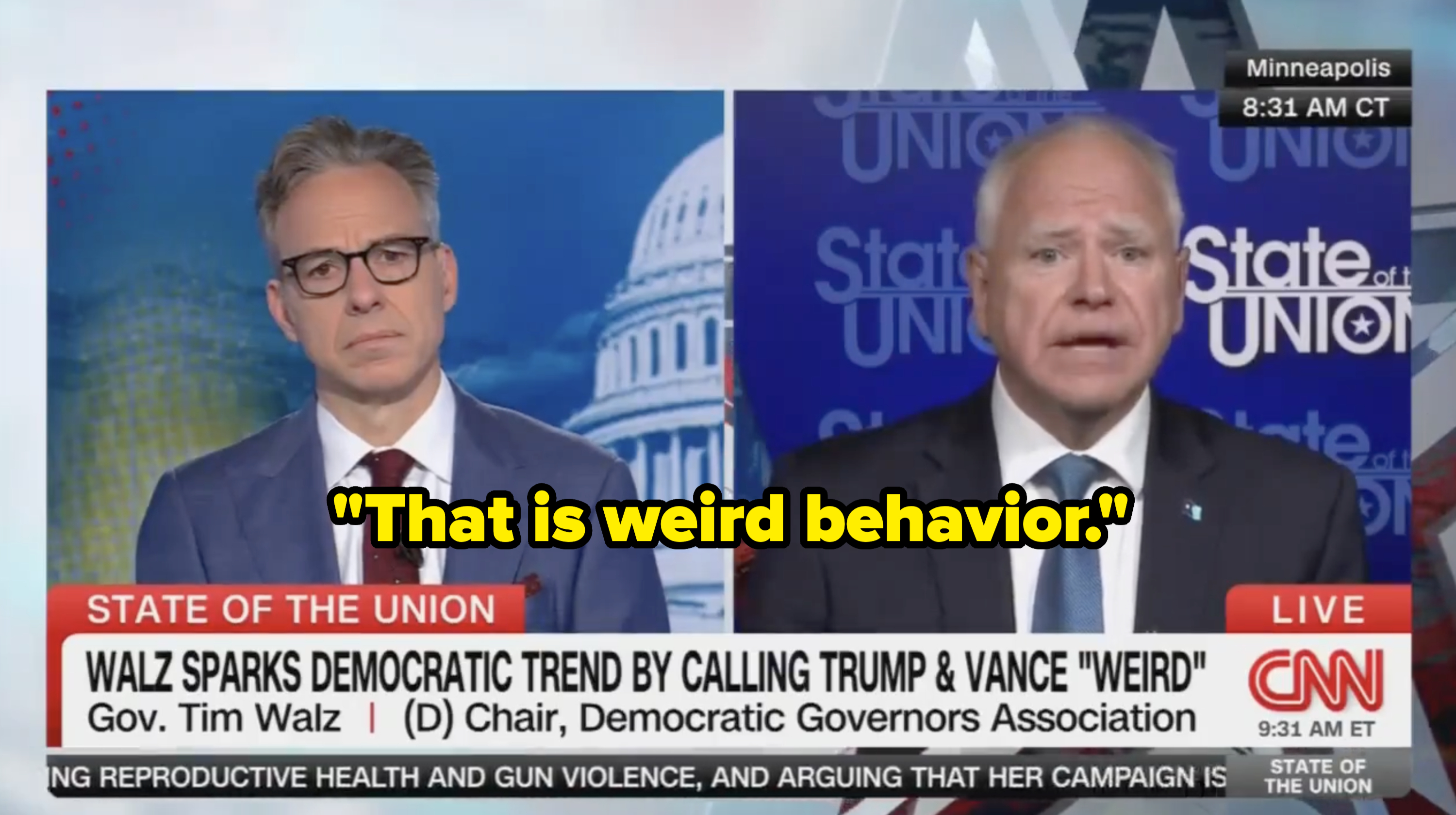 Gov. Tim Walz and Jake Tapper discuss politics during a CNN State of the Union segment. The headline reads, "Walz sparks democratic trend by calling Trump & Vance 'weird'."