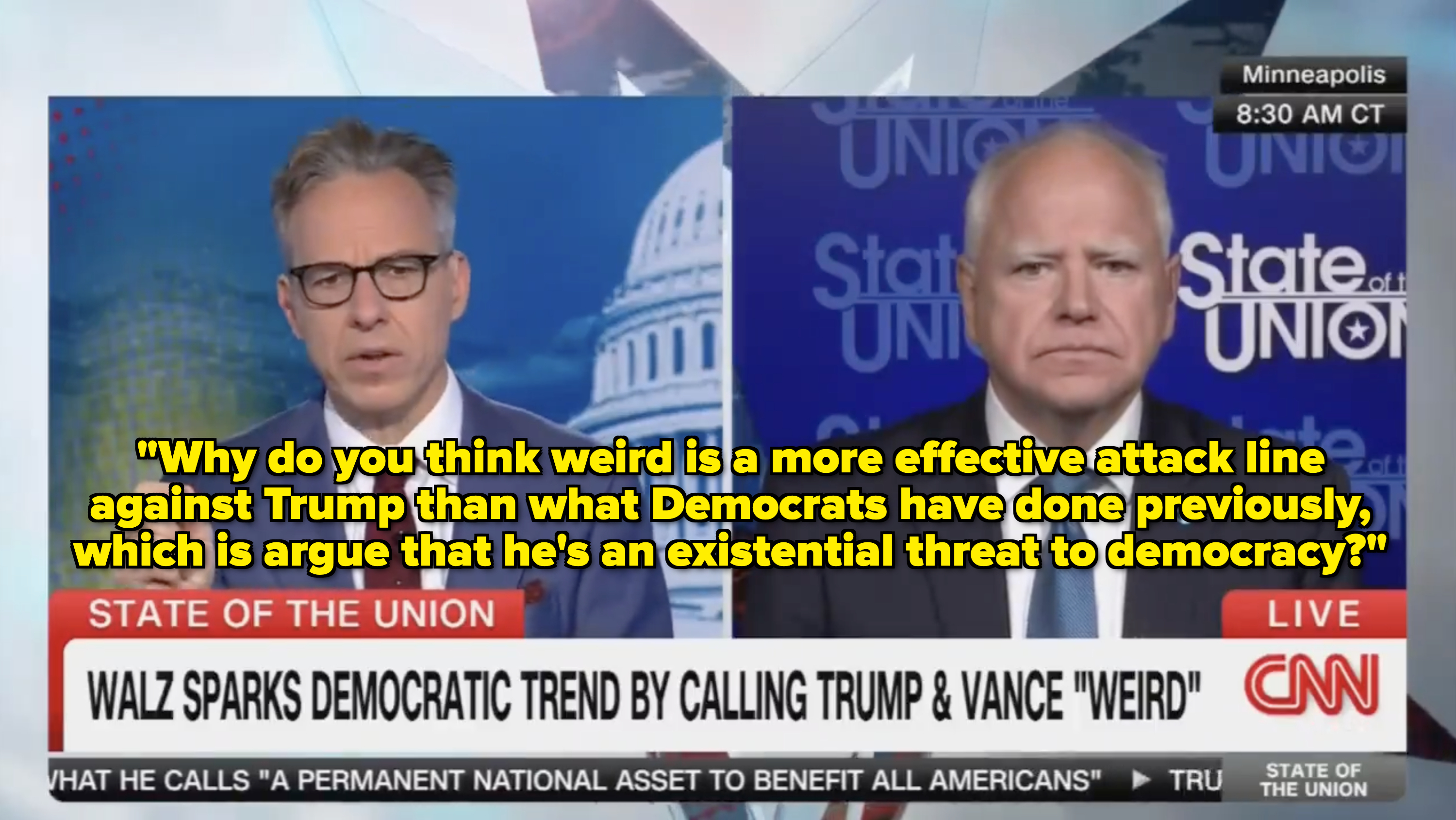 Jake Tapper and Tim Walz discuss on CNN's State of the Union. Headline reads: "Walz sparks Democratic trend by calling Trump & Vance 'weird'."