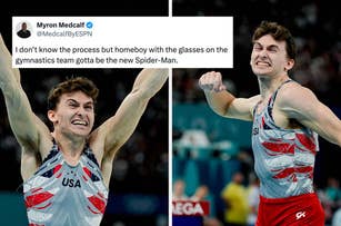 Olympic gymnast Brody Malone mid-routine in stylish USA leotard. Tweet overlay by Myron Medcalf suggests he should be the new Spider-Man