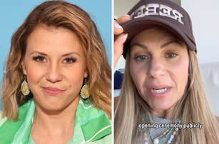 Jodie Sweetin and Candace Cameron Bure in a split image; Jodie poses in a headshot, and Candace, in casual clothing and hat, speaks in a video with captions