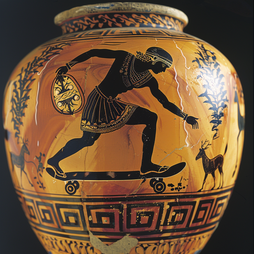 Ancient Greek-style vase depicts a figure skateboarding, wearing traditional attire, and holding a decorated item, with a goat beside him