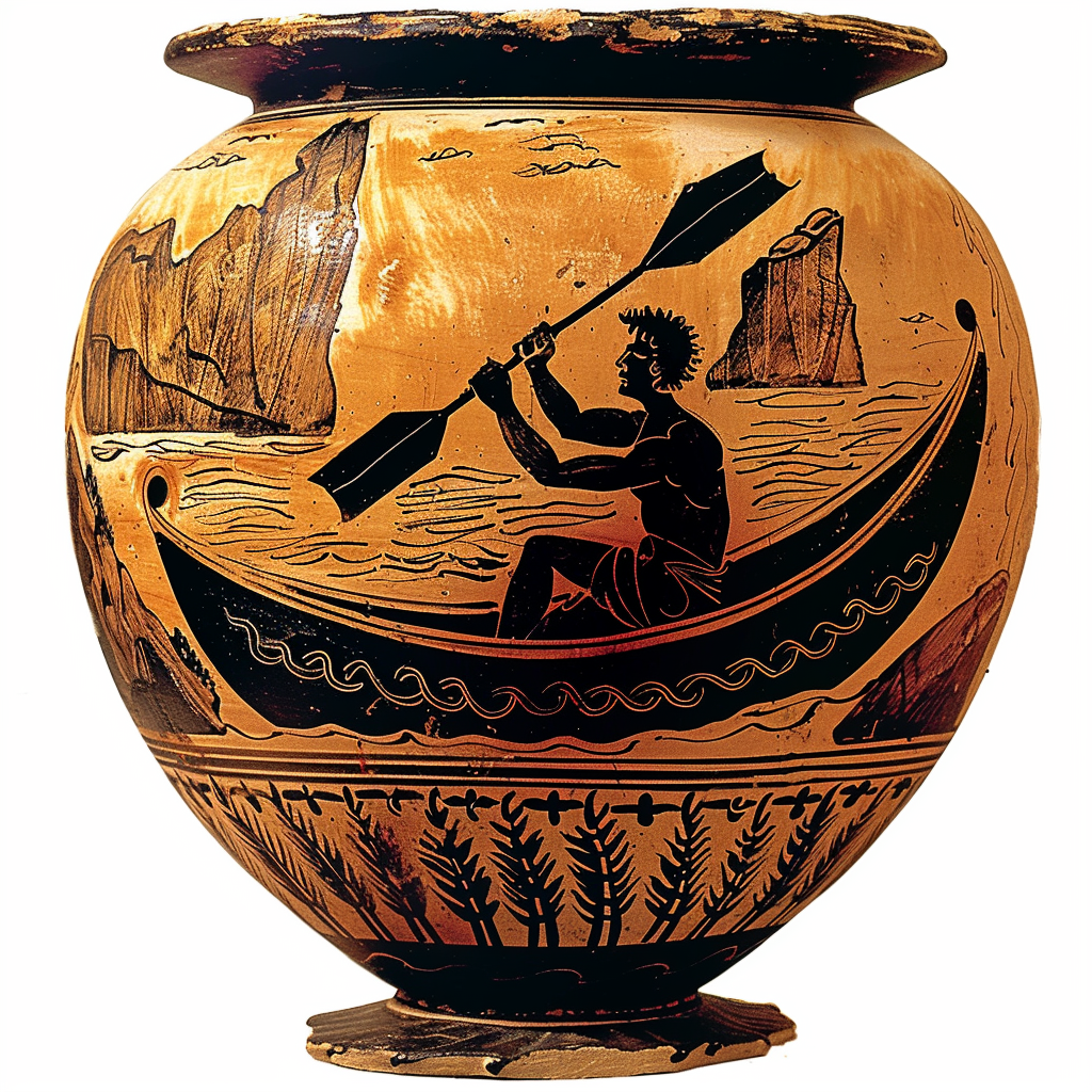 An ancient Greek vase featuring a black-figure illustration of a man rowing a boat with rock formations in the background