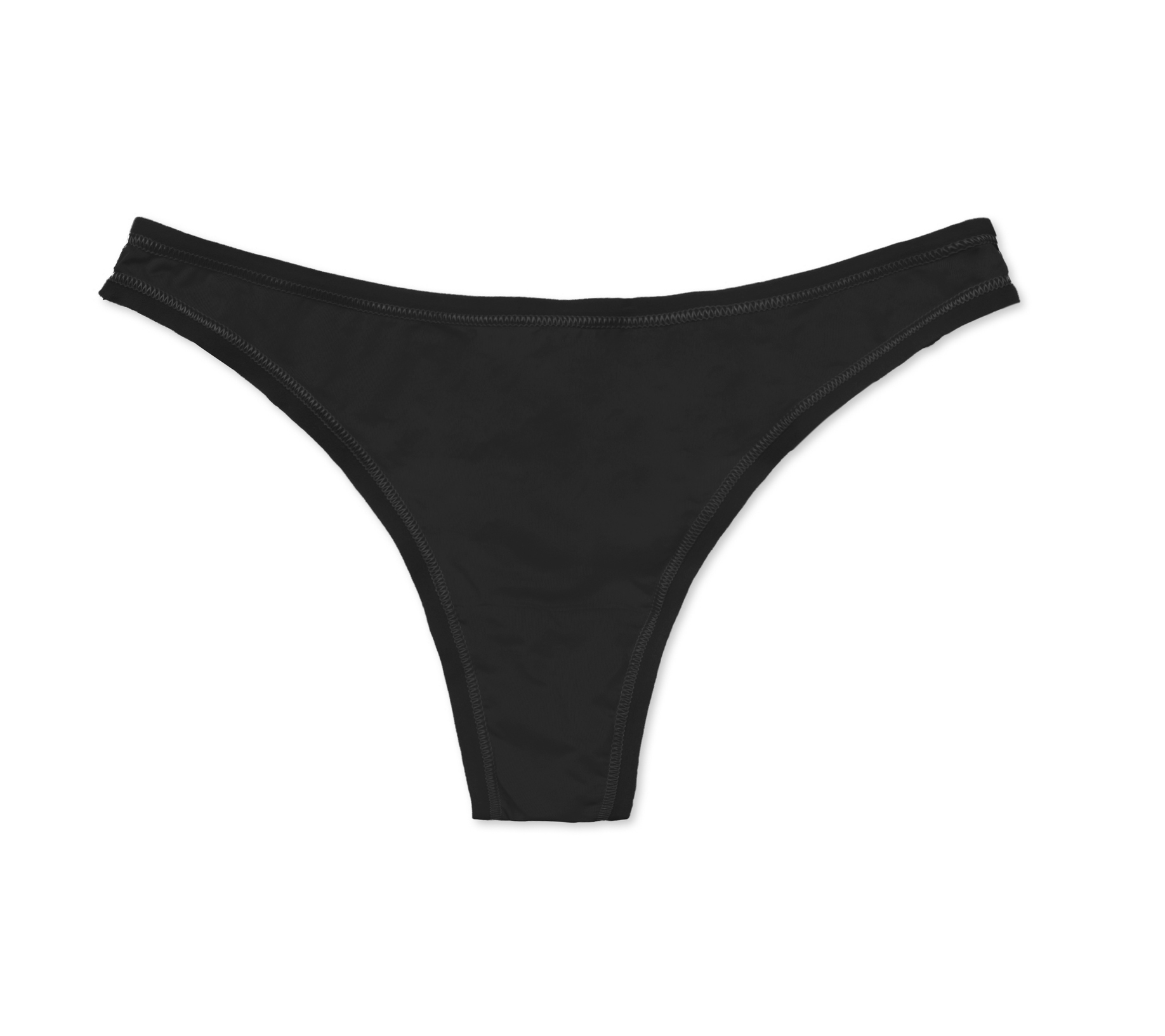A black thong-style underwear is laid flat in the image