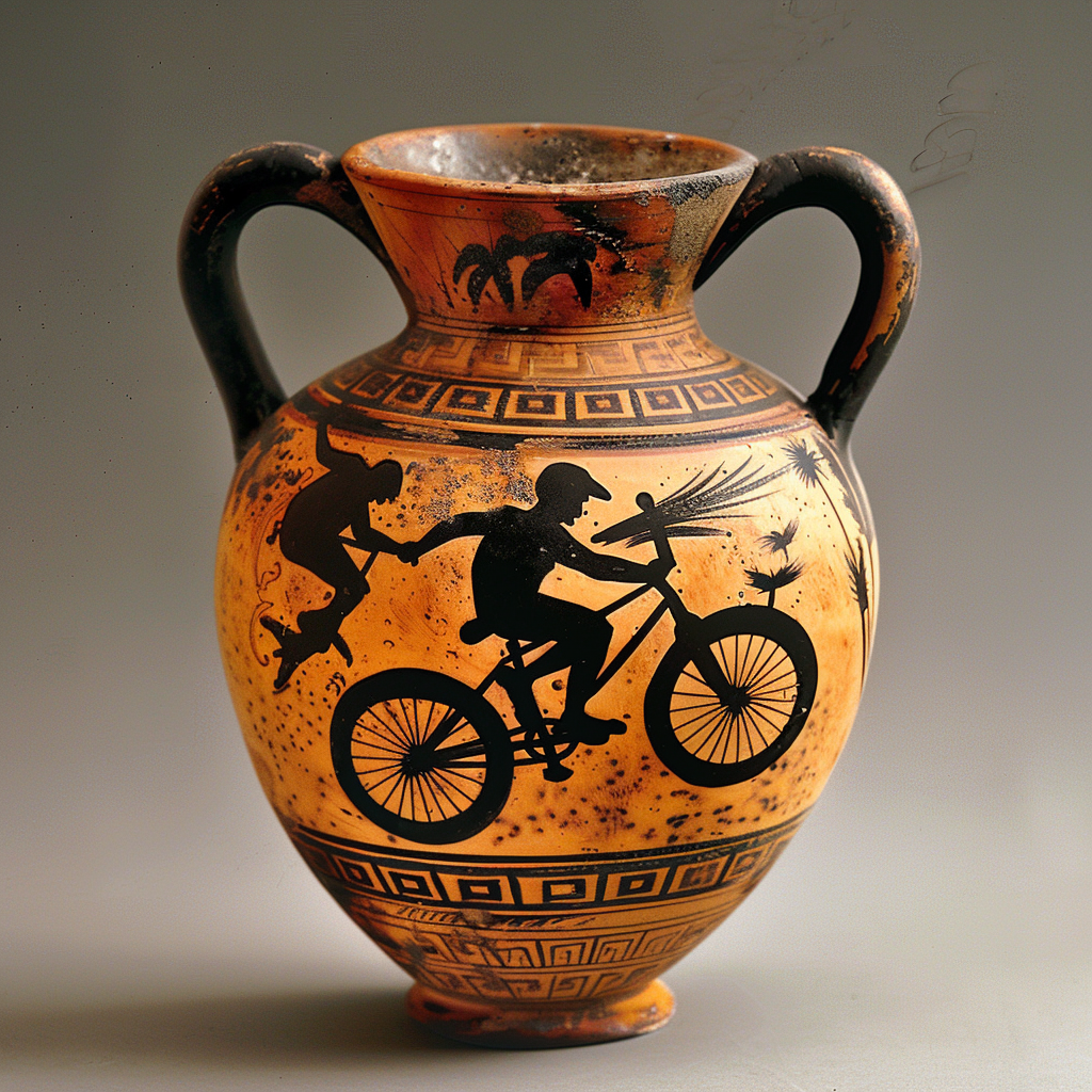 An ancient Greek-style vase features painted silhouettes of cyclists riding bicycles, incorporating a modern twist into the traditional design