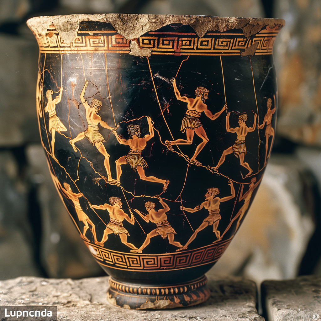 Ancient Greek vase with intricate carvings of dancing figures in detailed attire. Text at the bottom reads "Lupncnda." Vase displayed against a stone backdrop