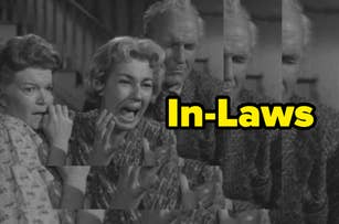 A terrified woman screams in horror while another concerned woman and a stern-looking man stand behind her. Text overlay says "In-Laws."