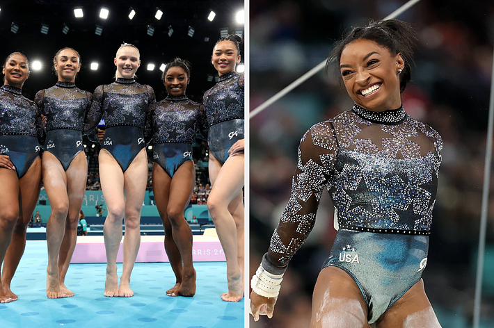 From left to right, gymnasts Shilese Jones, Jordan Chiles, Joscelyn Roberson, Leanne Wong, and Simone Biles on the mat; Simone Biles alone on the right, smiling