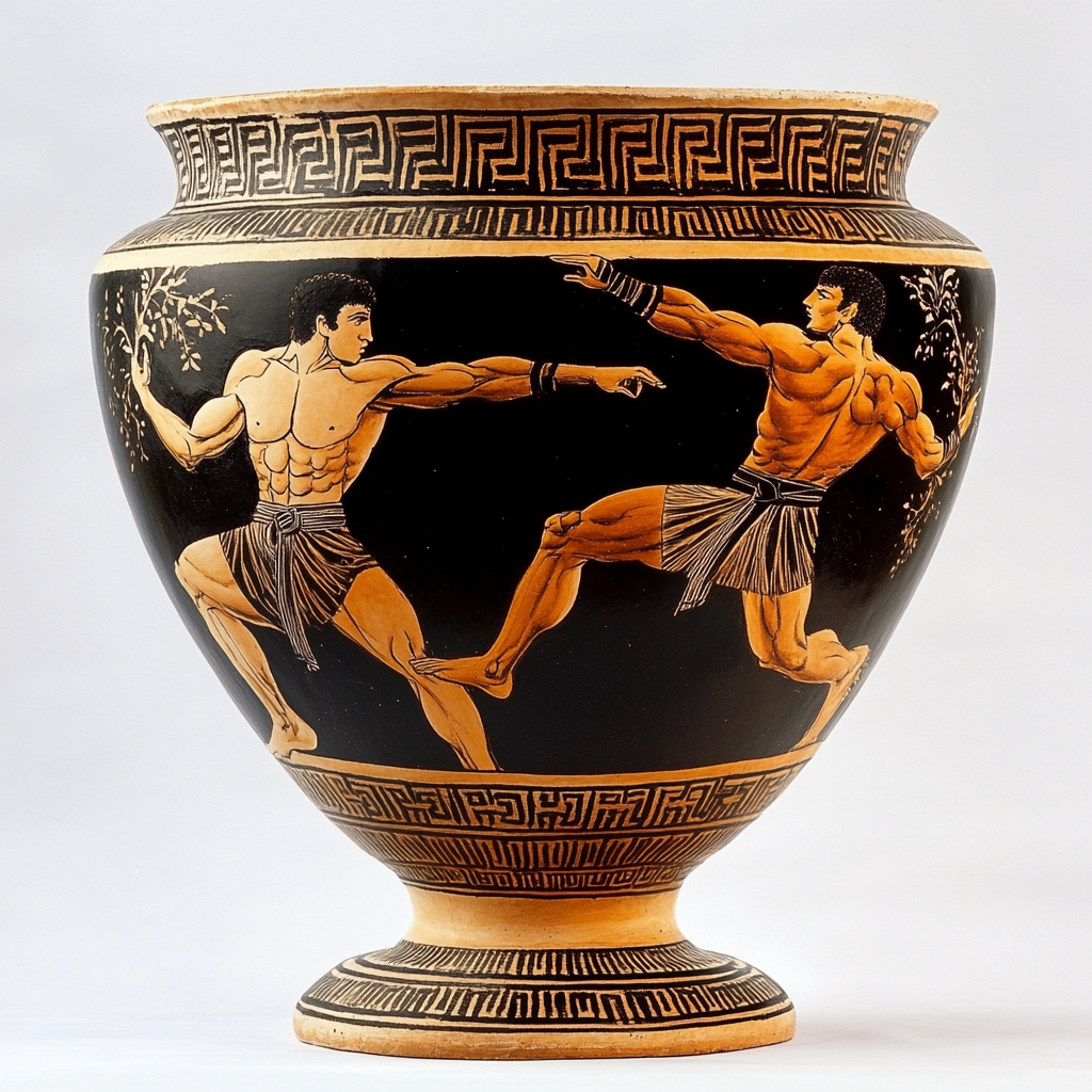 Ancient Greek vase with detailed illustrations of two male figures in poses of combat or dance, wearing draped garments and holding ivy branches