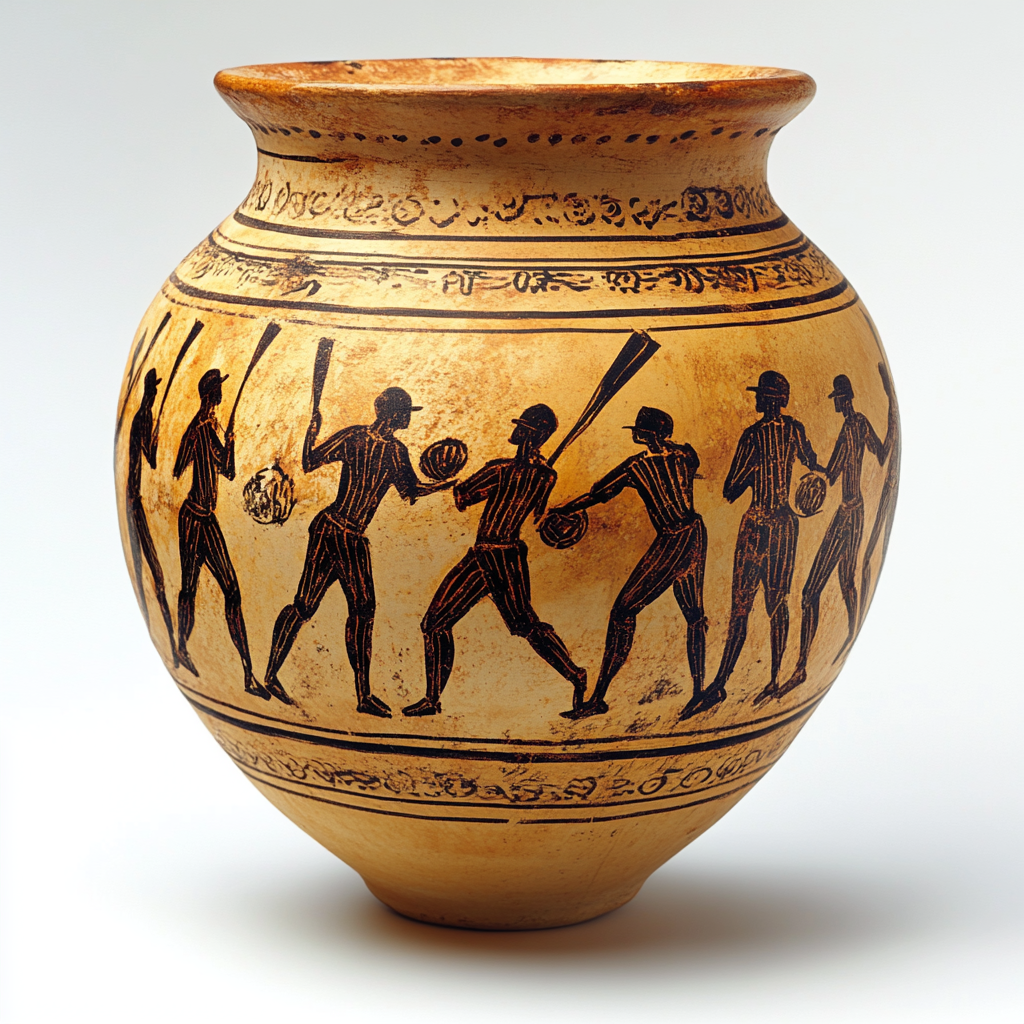 Ancient Greek vase depicting black-figure paintings of six athletes with balls and bats, surrounded by decorative inscriptions