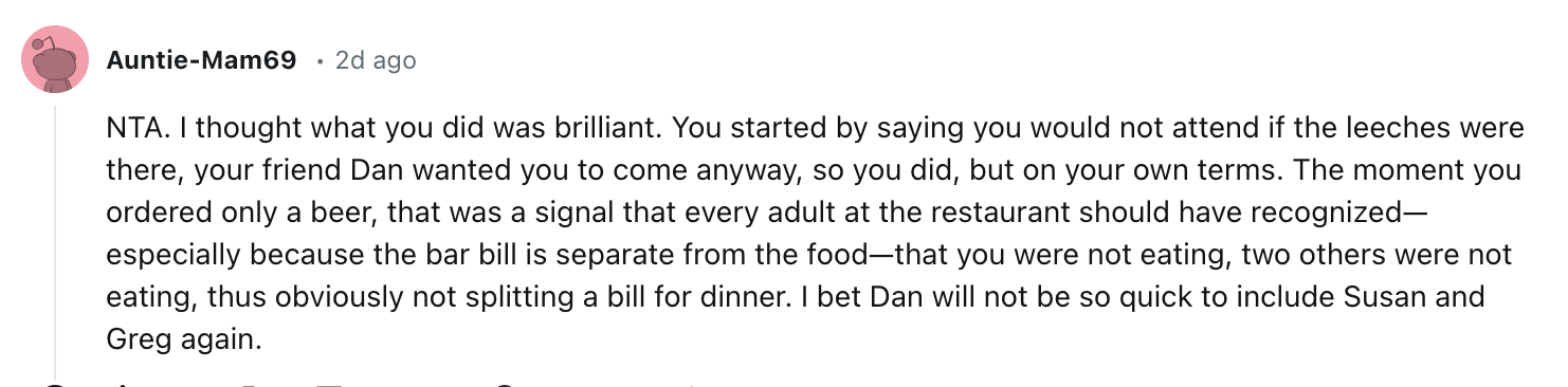 A comment from Auntie-Mam69 reads: "NTA. I thought what you did was brilliant. You started by saying you would not attend if the leeches were there…include Susan and Greg again."