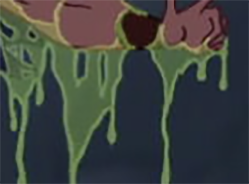 A cartoon character's arm covered in dripping green slime