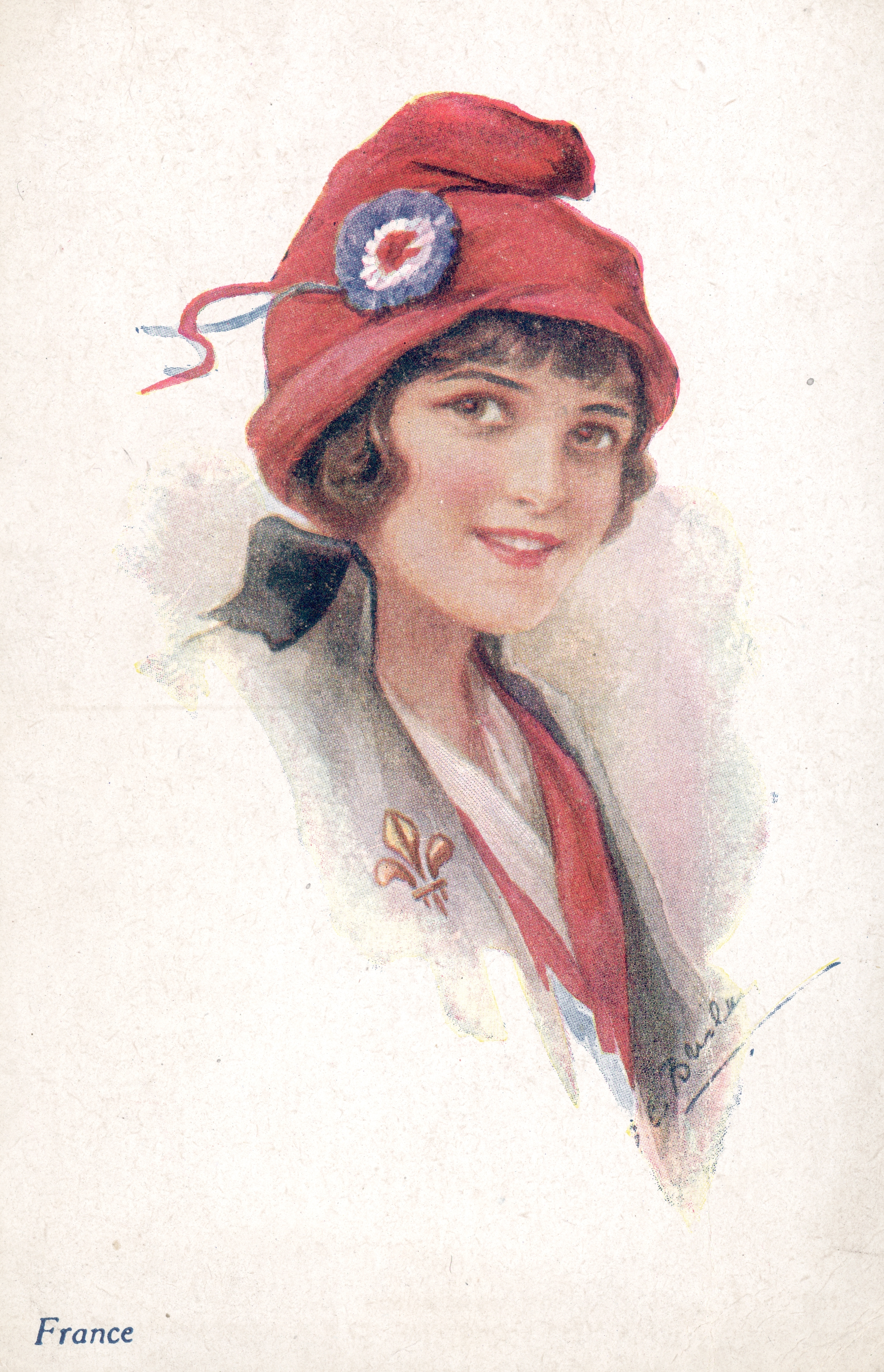 A vintage illustration of a woman from France wearing a red hat with a blue and white rosette and a red scarf. She is smiling and facing forward