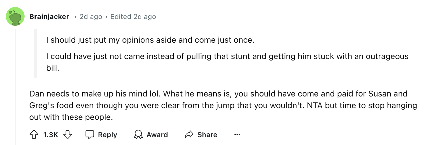 Reddit user Brainjacker posts about regretting not paying a bill and receiving advice from another user, Dan, to avoid similar situations