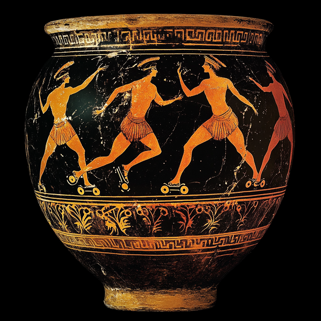 Ancient Greek vase depicting athletes on roller skates. The artwork features detailed human figures in motion, emphasizing classical artistic style
