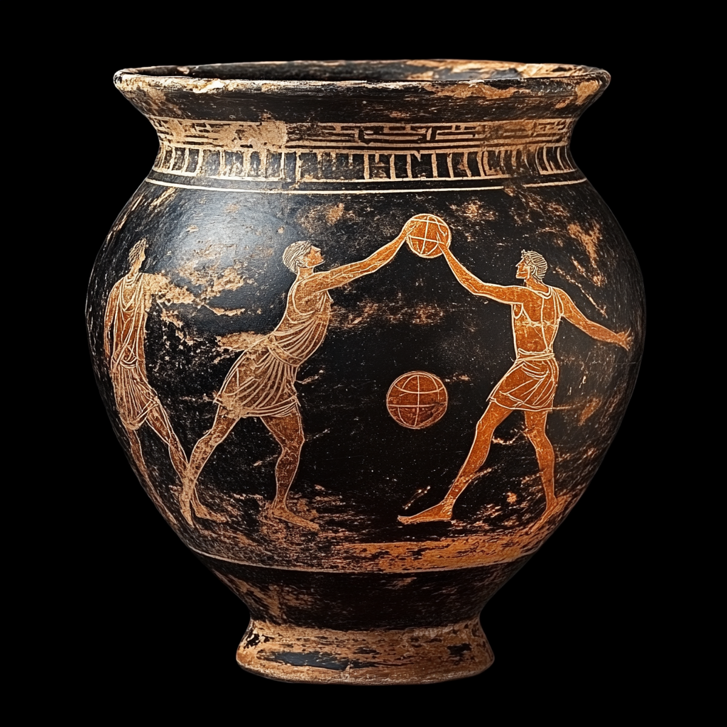 Ancient Greek vase featuring athletes playing ball games, captured in mid-action against a dark background