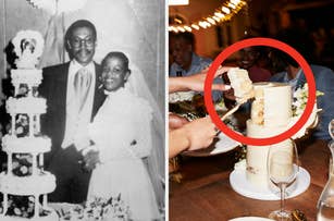 A black and white vintage wedding photo of a couple next to their cake on the left and a modern photo of someone cutting a tiered cake at a party on the right