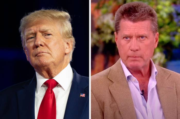 Donald Trump in a suit with a red tie on the left; Michael Fanone in a tan blazer and white shirt on the right