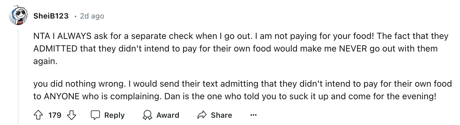 Reddit comment by user SheiB123 explaining why they ask for separate checks when dining out, citing others' admission of not paying. Users can upvote or reply