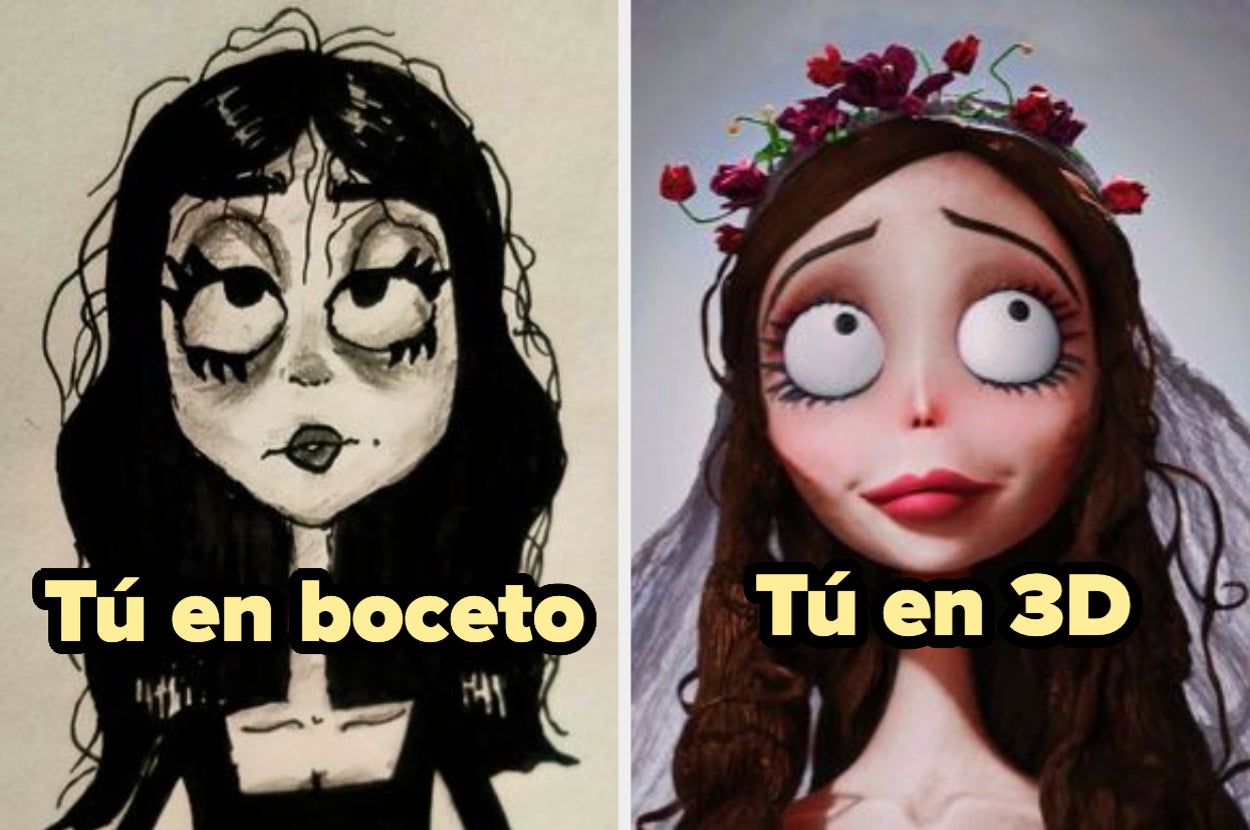 Comparación de personajes: Izquierda, un boceto en blanco y negro de mamá Imelda; derecha, mamá Imelda en 3D con velo y flores. Texto: "Tú en boceto" y "Tú en 3D"