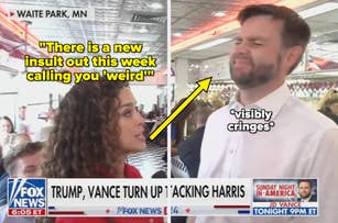 A reporter interviews J.D. Vance in Waite Park, Minnesota, mentioning a new insult. Vance cringes visibly. Fox News graphics display details of a Trump-Vance event