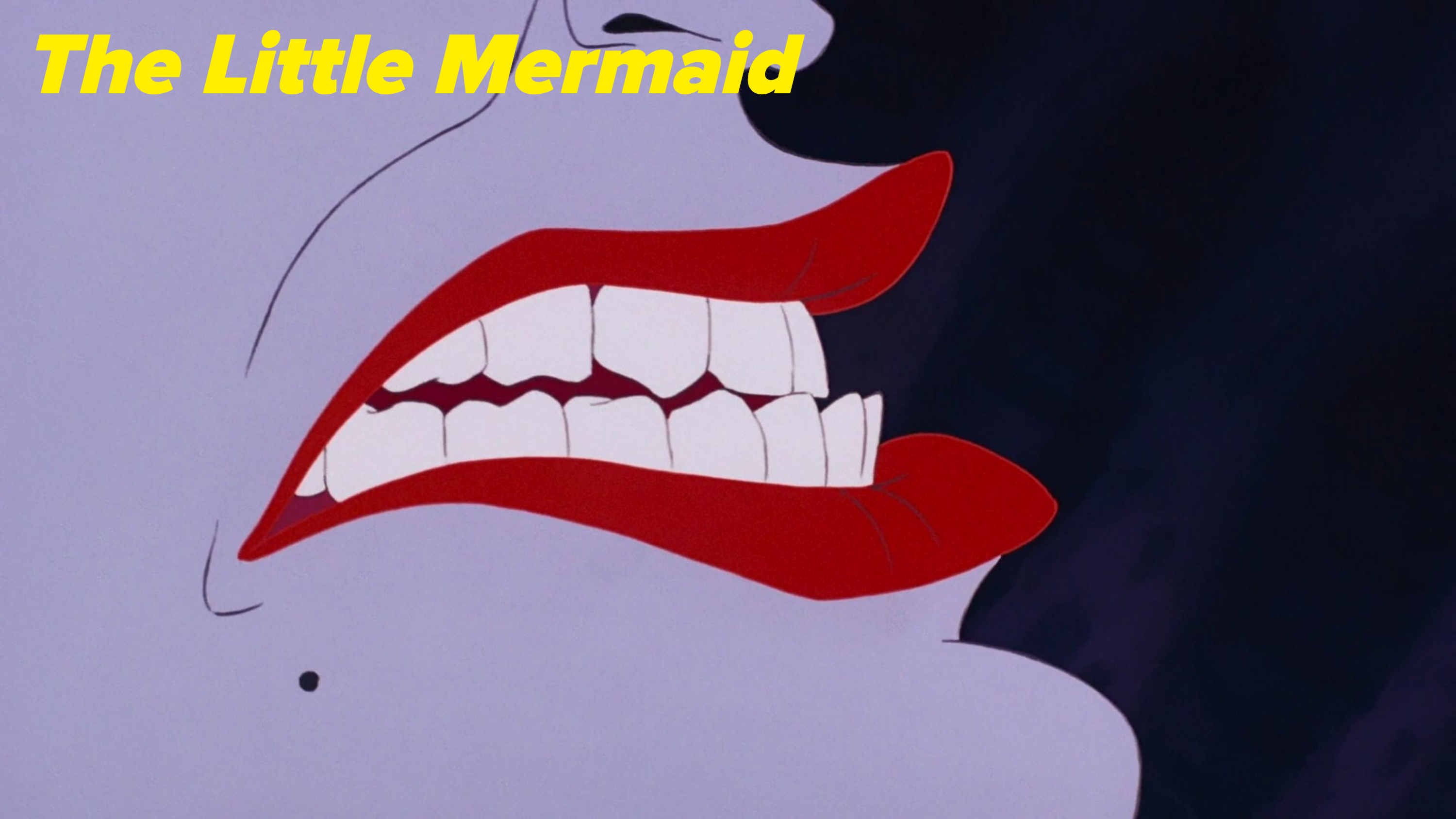 Close-up of Ursula from The Little Mermaid showing her mouth with bright red lips and white teeth
