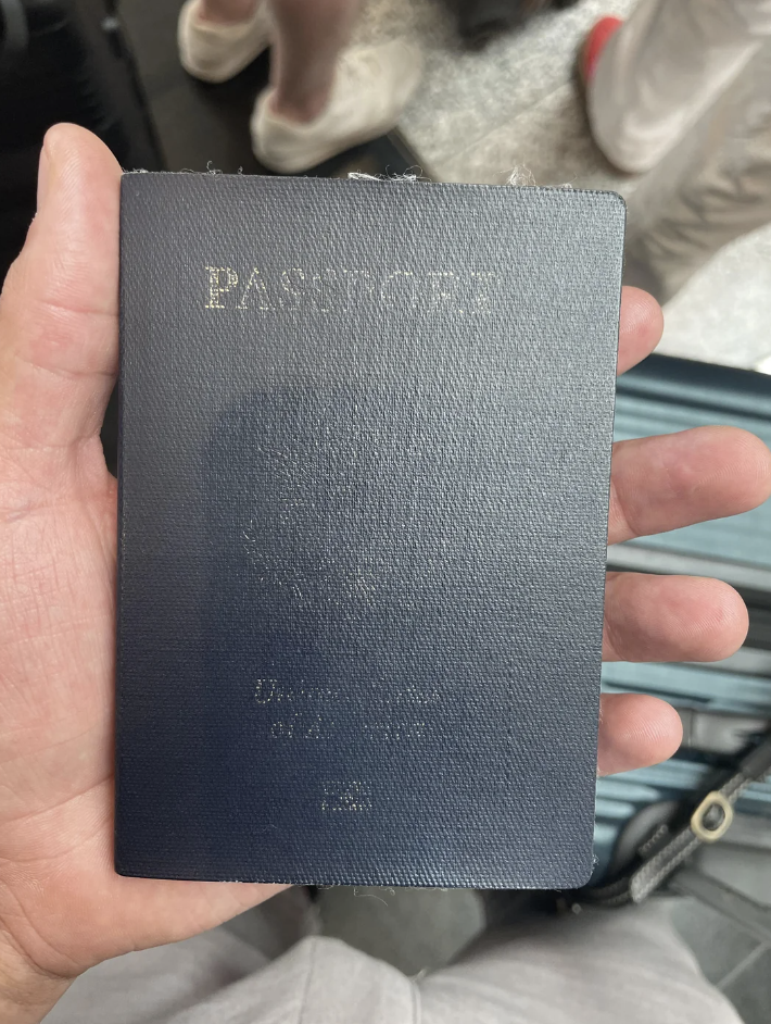 A hand holds a blue passport with partially visible text. Other people or luggage are in the blurry background