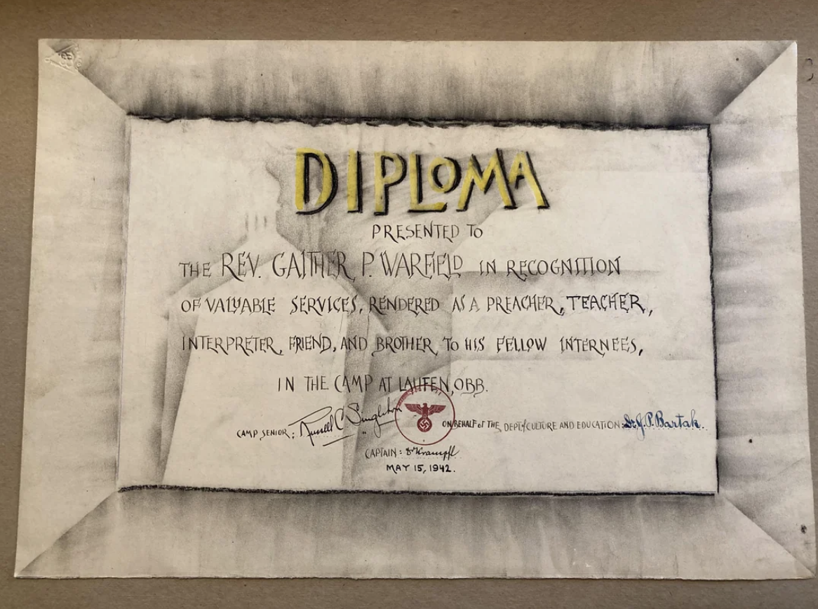 Diploma awarded to Rev. Gaither P. Warfield on May 17, 1942, for valuable services in WWII, signed by Camp Leader S.C. Martin