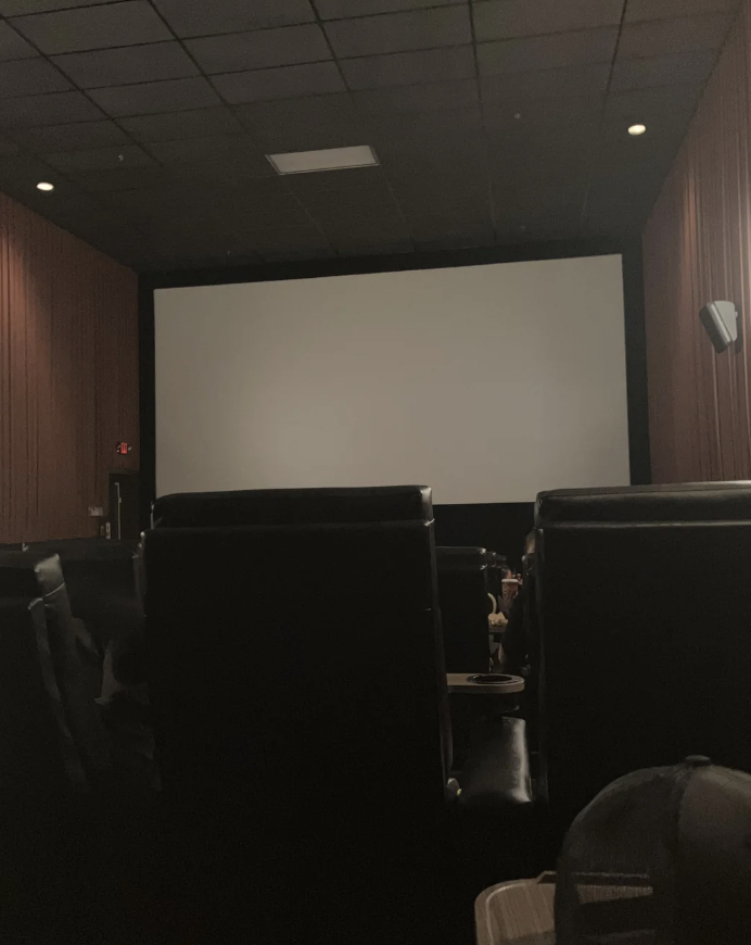 Empty movie theater with a blank screen and rows of unoccupied seats