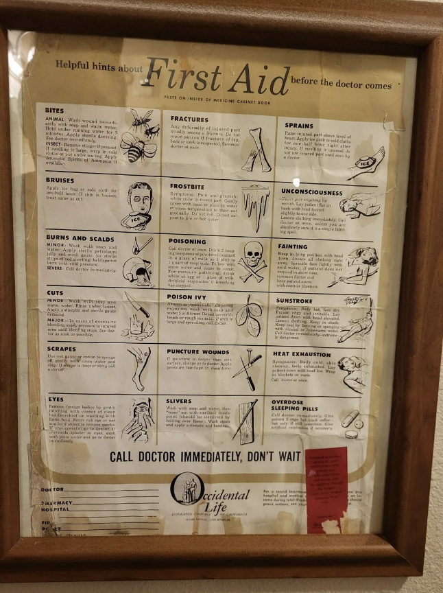First Aid guide with illustrations showing treatments for various medical emergencies, including bites, fractures, sprains, unconsciousness, frostbite, and more