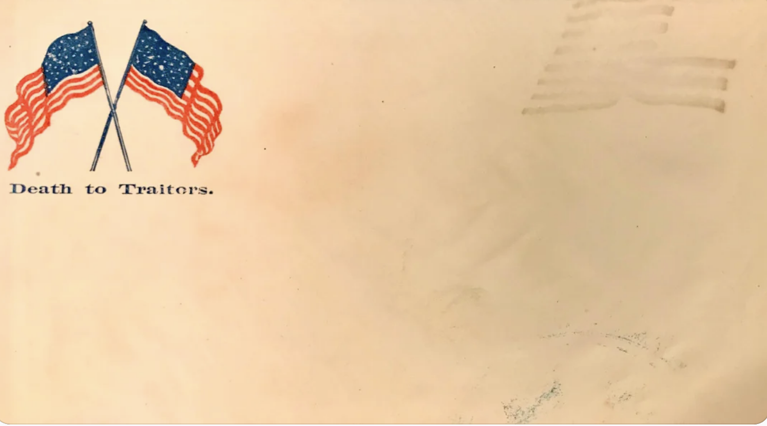 Two crossed American flags with the text "Death to Traitors." Another faint flag image is visible to the right