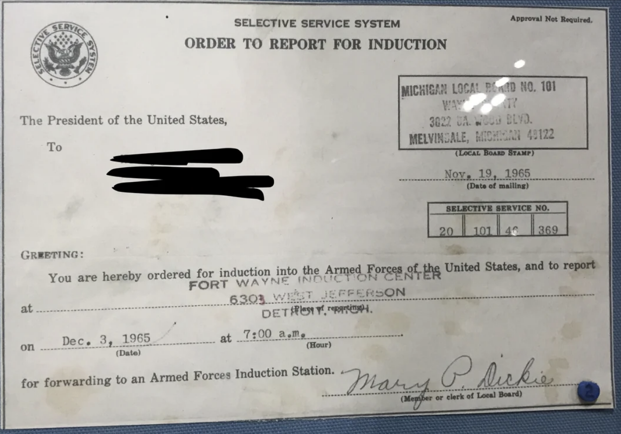 A Selective Service System induction notice addressed to an individual, ordering them to report for induction into the U.S. Armed Forces on Dec 3, 1965, at 7:00 a.m
