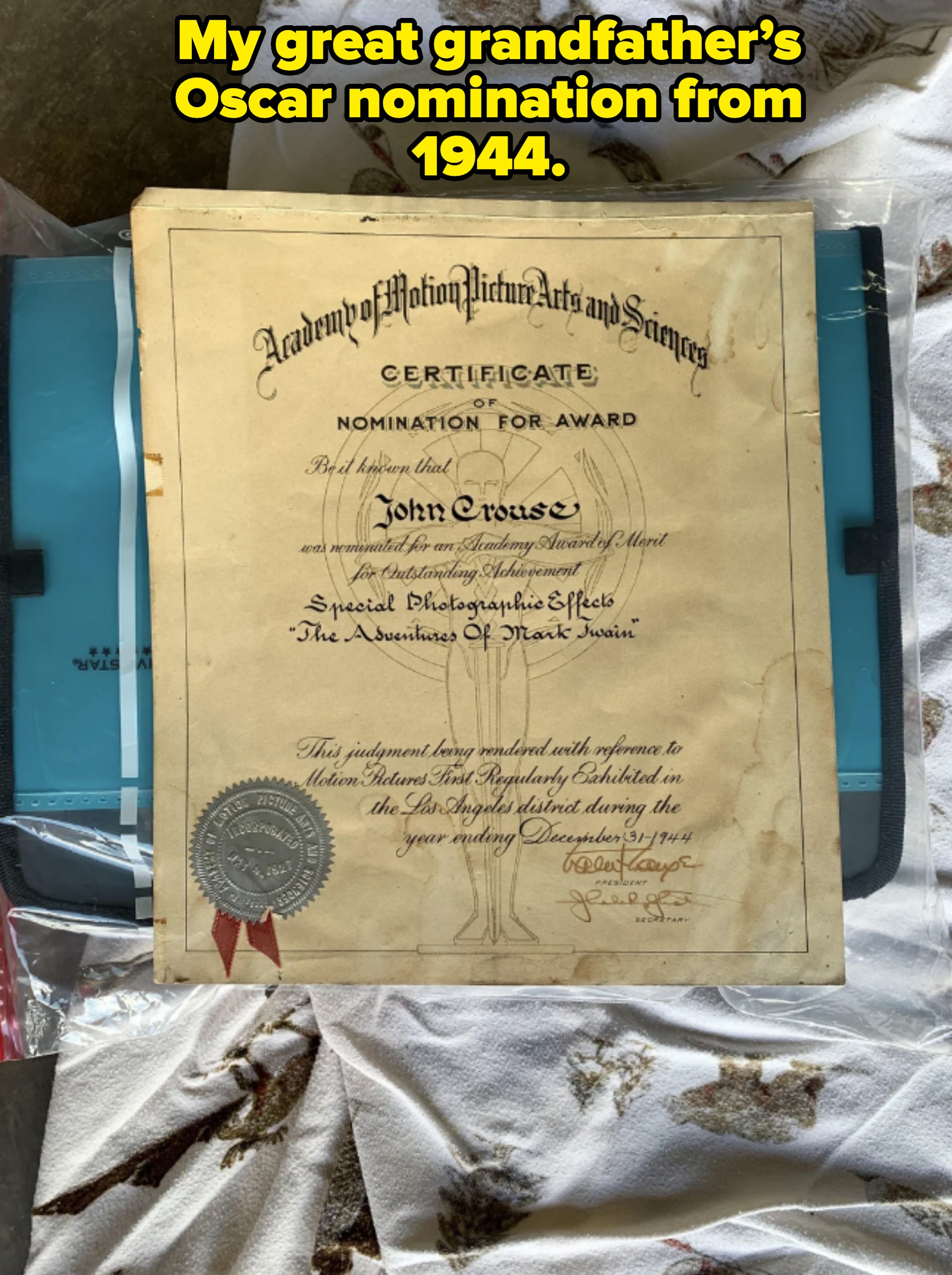 An Academy of Motion Picture Arts and Sciences certificate nominating John Truesdell for an award in Special Photographic Effects for "The Adventures of Mark Twain."