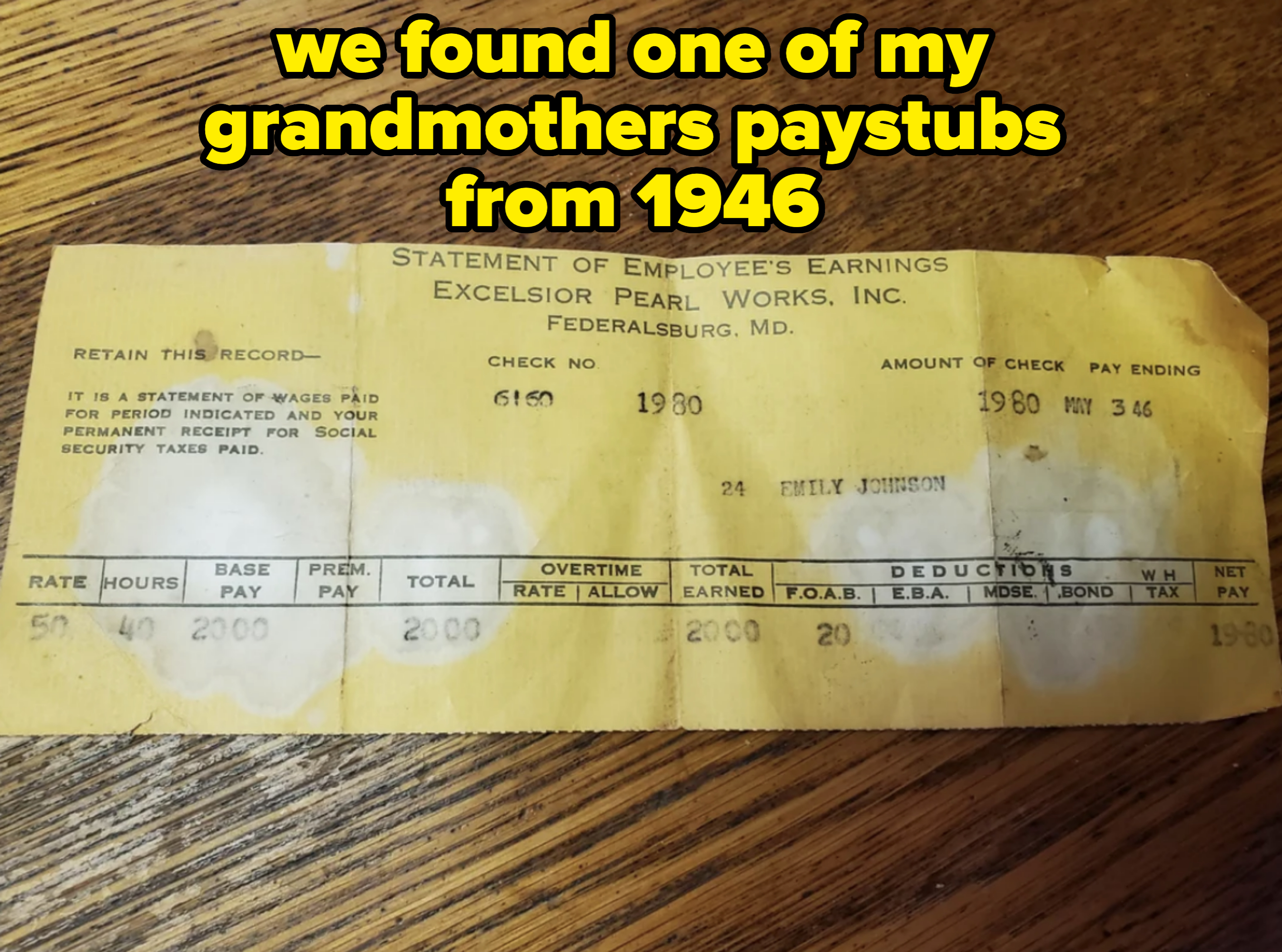 An old statement of employee's earnings from Excelsior Pearl Works, Inc., addressed to Emily Johnson, detailing wages and deductions for a pay period