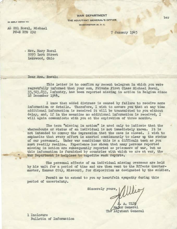 Letter from the War Department to Mary Roull regarding the death of her son, Private First Class Michael Roull, due to combat in Belgium on December 18, 1944