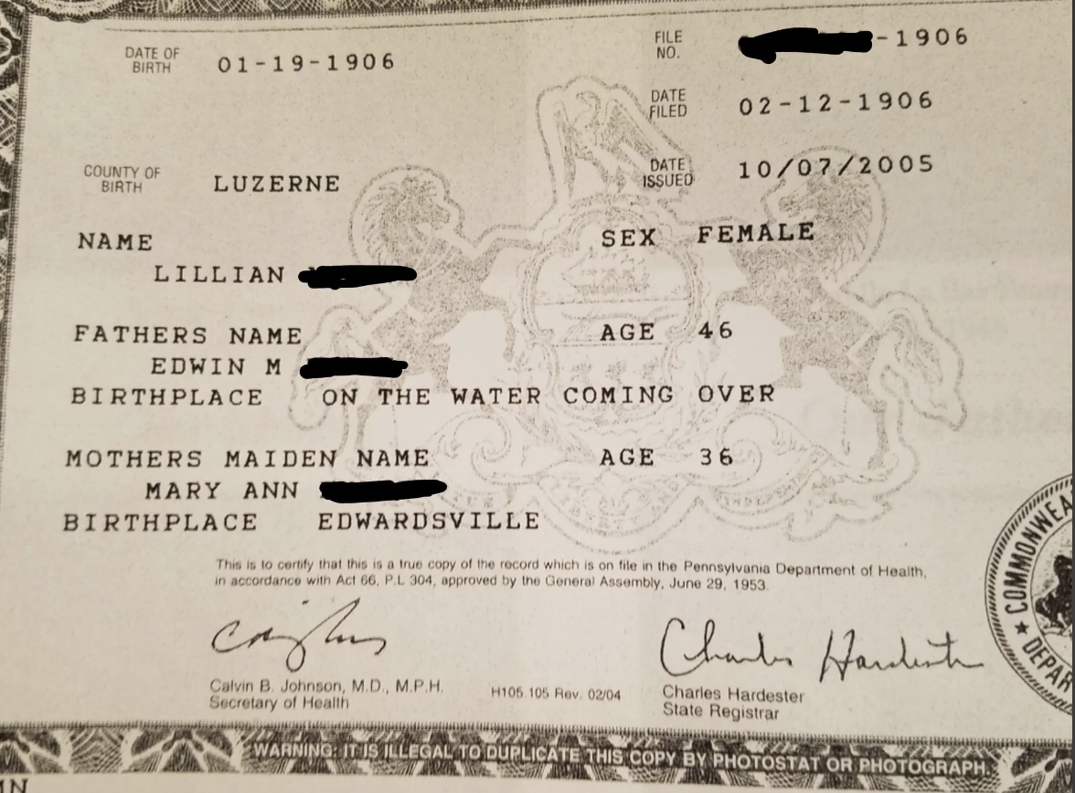 A 1906 birth certificate from Luzerne County for Lillian, showing her parents Edwin M. and Mary Ann