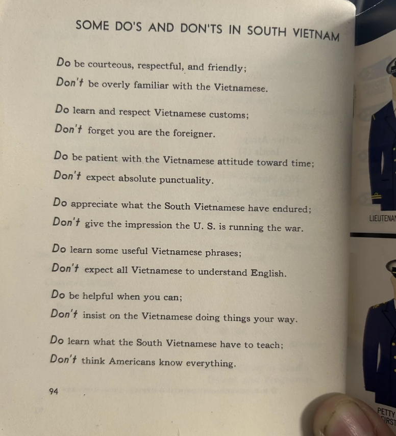 A list titled "Some Do's and Don'ts in South Vietnam" includes advice like being courteous, not being overly familiar, and respecting Vietnamese customs and people