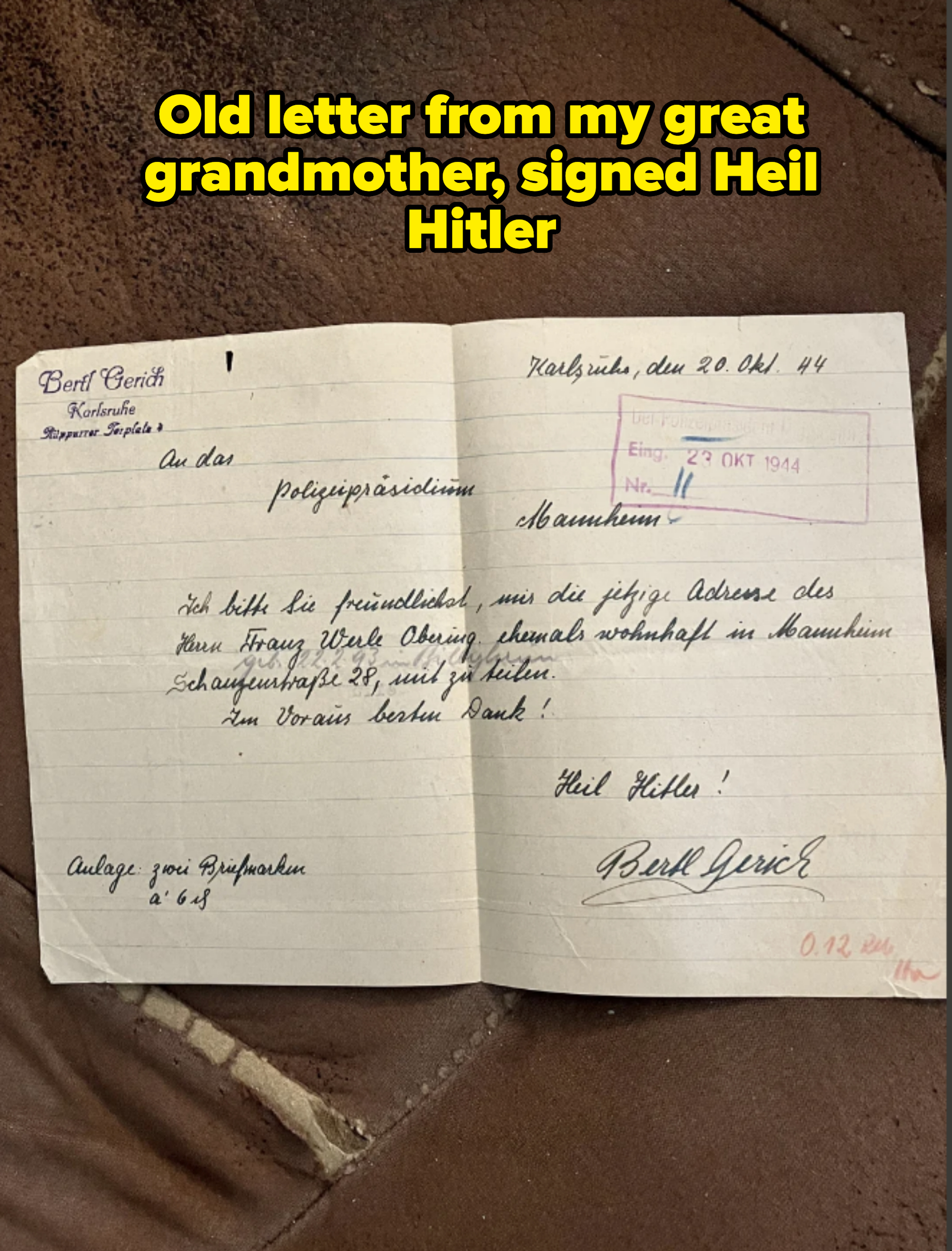 A handwritten letter addressed to the Polizeipräsidium Mannheim, dated October 22, 1944, requesting the address of Mrs. Bertha Oberg. Signed by Bertl Gerich