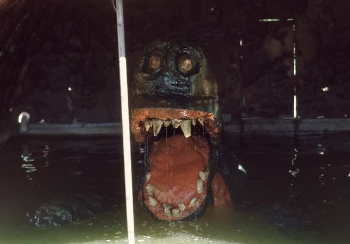 A statue of a large, open-mouthed creature with sharp teeth submerged in water, resembling a crocodile or dinosaur, found in an unusual setting
