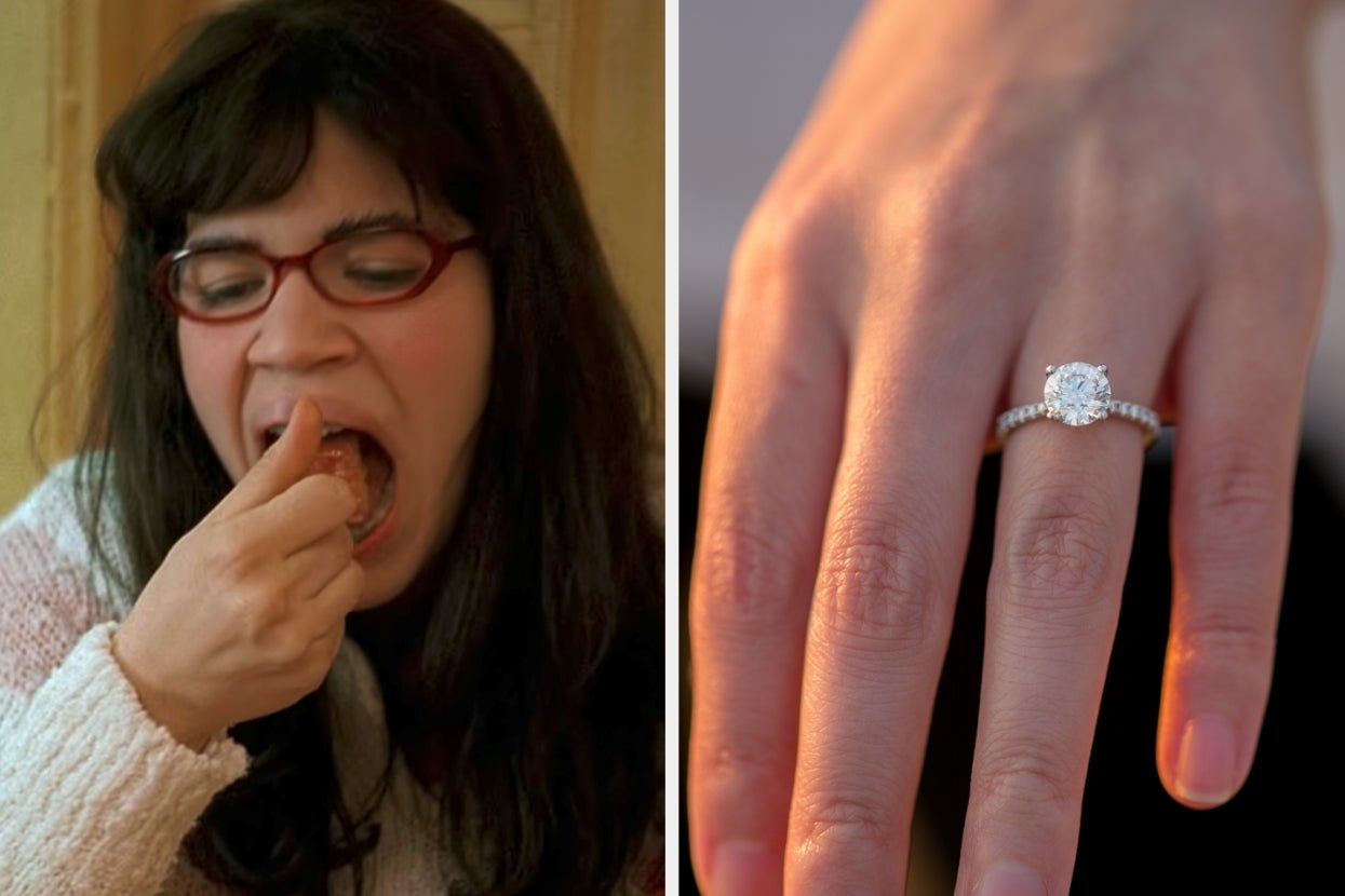 On the left, America Ferrera eating flan as Betty on Ugly Betty, and on the right, someone showing off their diamond engagement ring