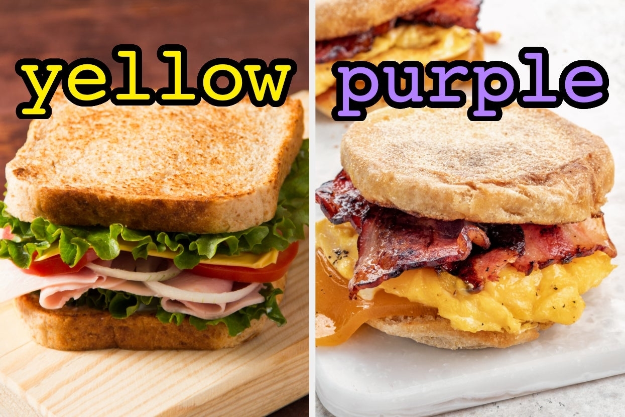 On the left, a turkey and cheese sandwich labeled yellow, and on the right, a bacon, egg, and cheese English muffin sandwich labeled purple