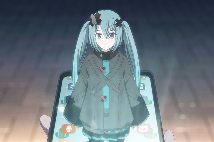 初音ミクがスマートフォン画面の上に投影されているイラスト。