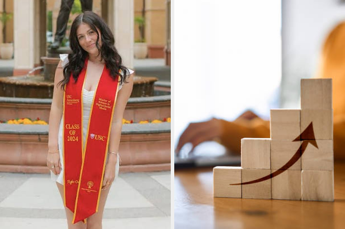 A side-by-side image: Left shows a close-up of a person&rsquo;s face near text asking about quitting 9-5 jobs. Right shows a person sitting on the ground, smiling, wearing a white top and denim shorts