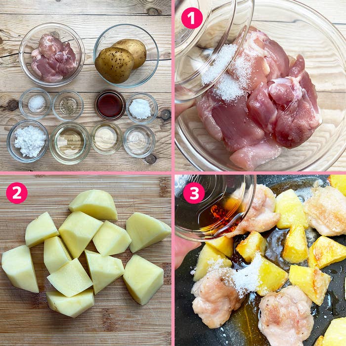 じゃがいもと鶏肉の調理手順を示す画像。手順1: 調味料を混ぜる。手順2: じゃがいもを切る。手順3: 鶏肉とじゃがいもを一緒に調理する。