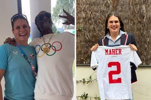 Snoop Dogg poses with Olympic swimmer Kayla Sanchez. On the right, another person holds a football jersey with "Maher" and the number 2