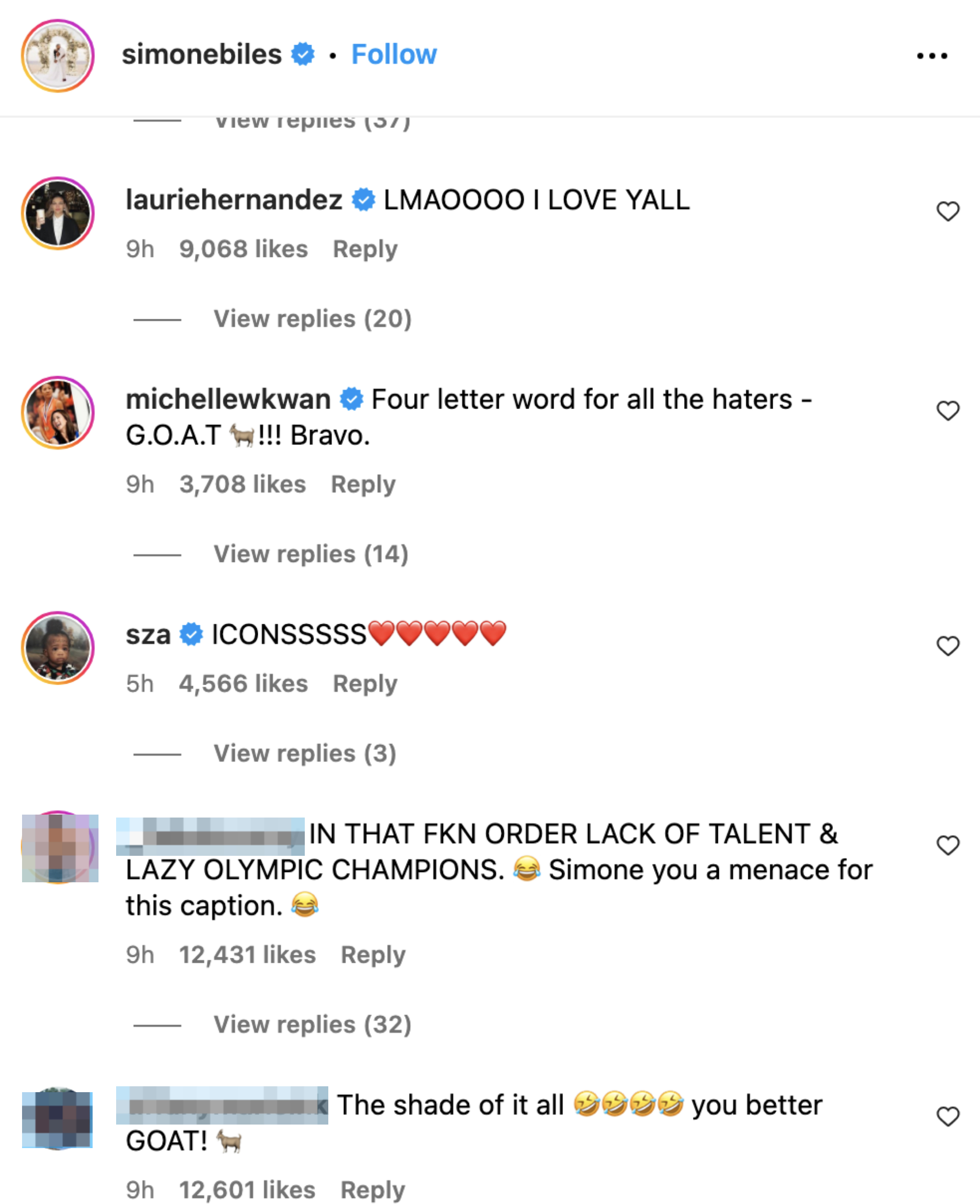 Instagram comment section featuring usernames such as simonebiles, lauriehernandez, michellewkwan, sza, and others praising and reacting humorously to a post