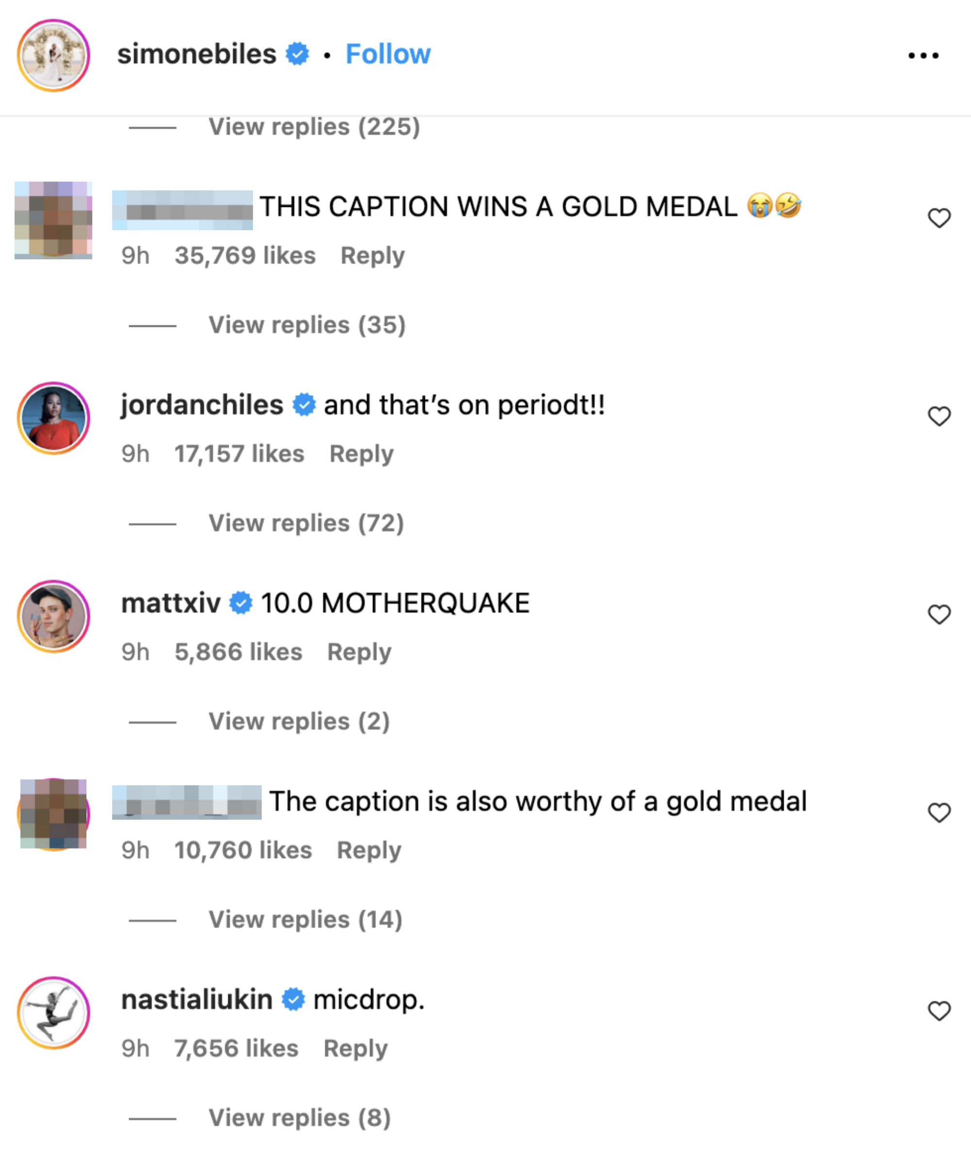 Screenshot of a social media post by Simone Biles with comments from samroyyy, jordanchiles, mattxiv, grachi_sol, and nastialiukin praising her caption